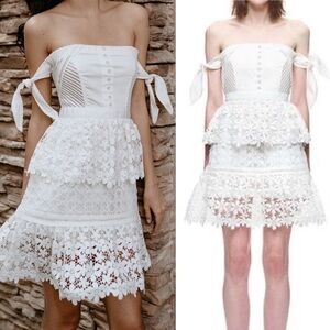 Self Portrait- White Off Shoulder Guipure Corset and Lace Tiered Mini Dress Size